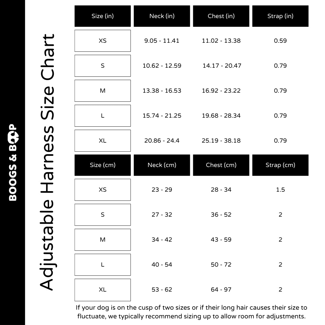 Adjustable Winter Spice Dog Harness Size Guide Chart by Boogs & Boop.