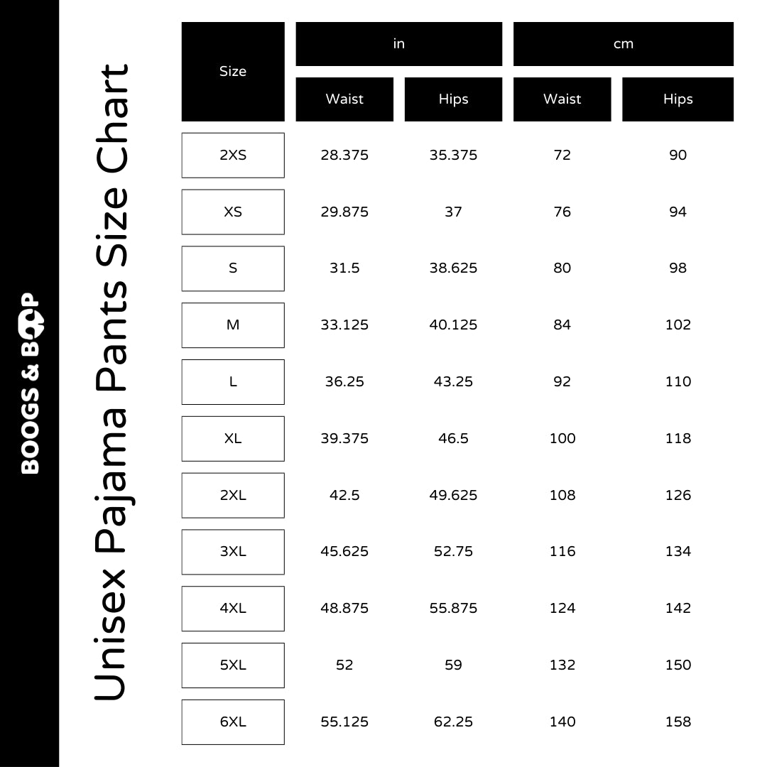 Astro-Mutt Unisex Pajama Pants Size Guide Chart by Boogs & Boop.