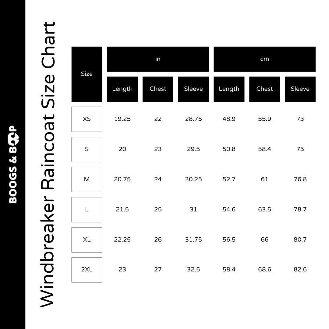 Astro-Mutts Dog Mom Cropped Windbreaker Raincoat Size Chart Guide by Boogs & Boop.