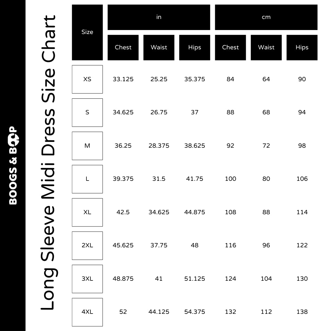 Caramel Apple Long Sleeve Midi Dress Size Chart Guide by Boogs & Boop.