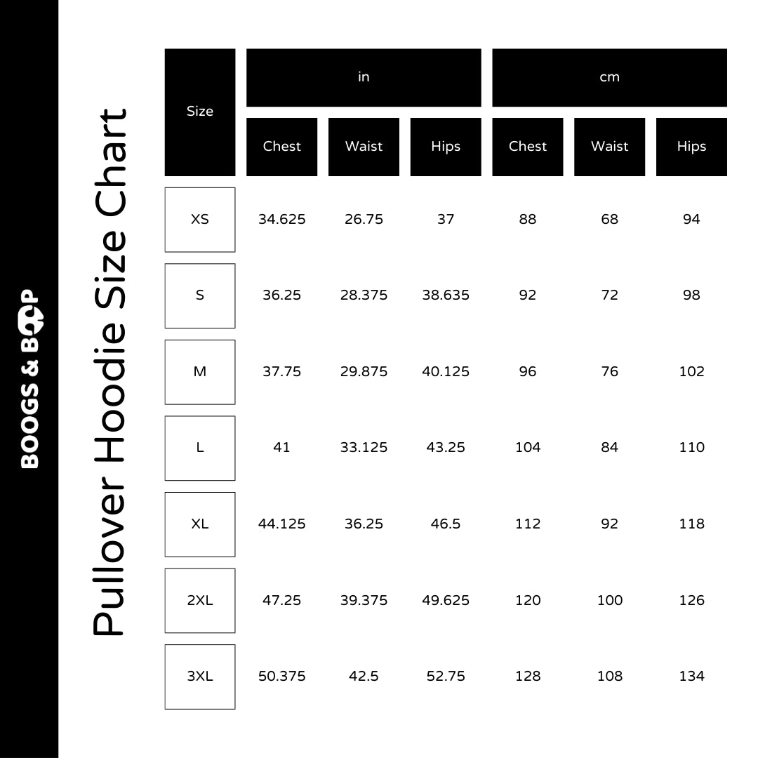 Caramel Apple Unisex Pullover Hoodie Size Chart Guide by Boogs & Boop.