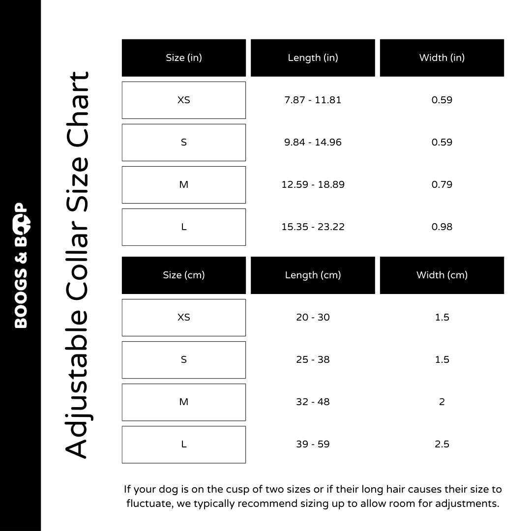Adjustable Corduroy Dog Collar - Berry Size Chart Guide by Boogs & Boop.