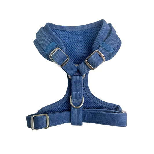 Shop Adjustable Corduroy Dog Harness - Steel Blue with Silver Metal Hardware by Boogs & Boop.