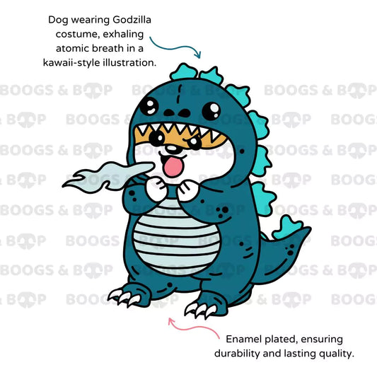 Features of the Dogzilla Kaiju Enamel Pin by Boogs & Boop.