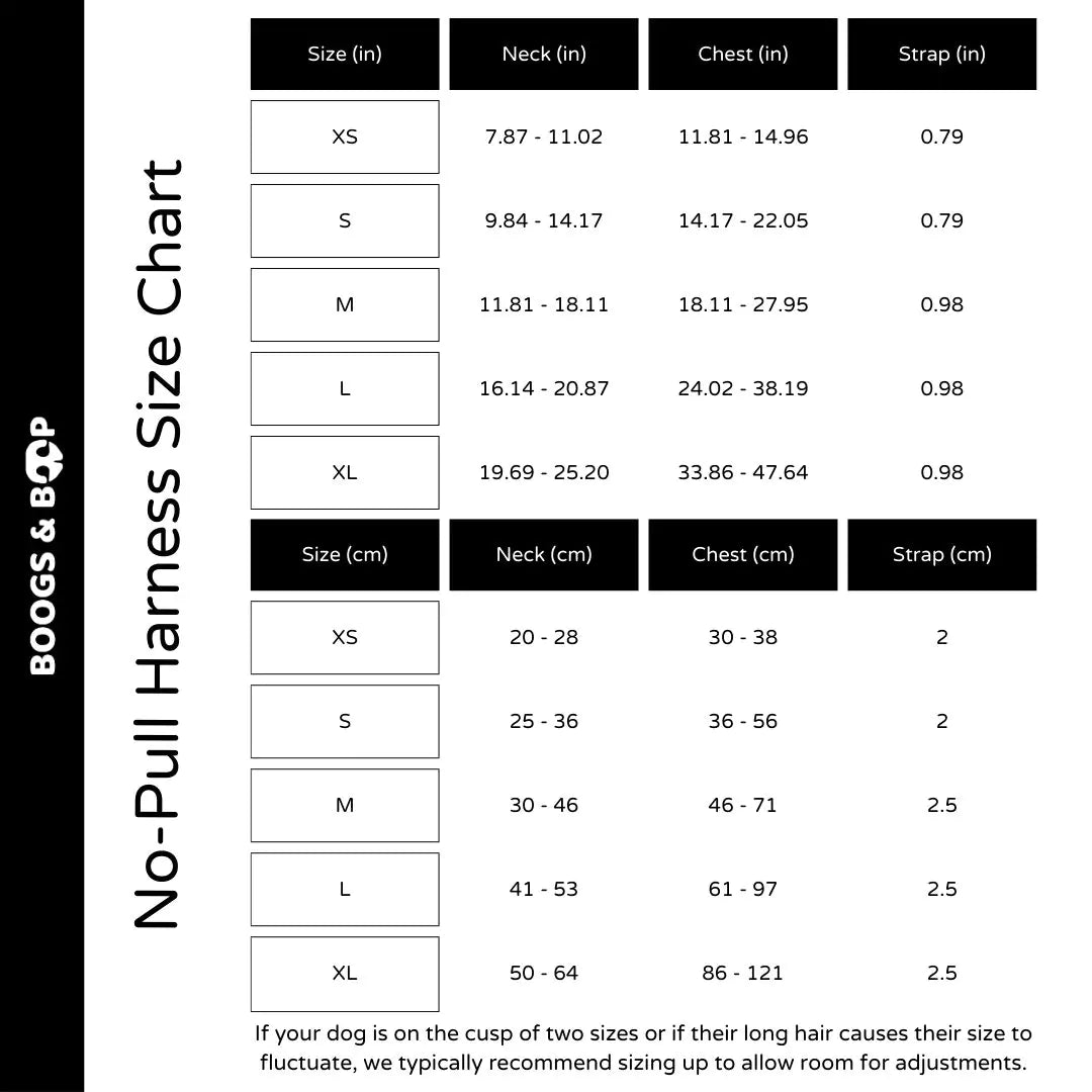 No-Pull Adjustable Dog Harness - Teal-quila Sunrise Size Chart Guide by Boogs & Boop.