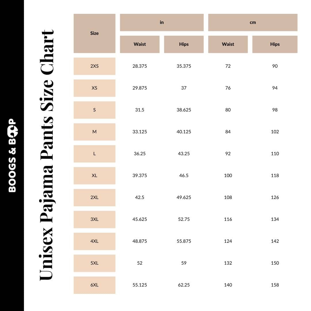 Pajama pant size online chart